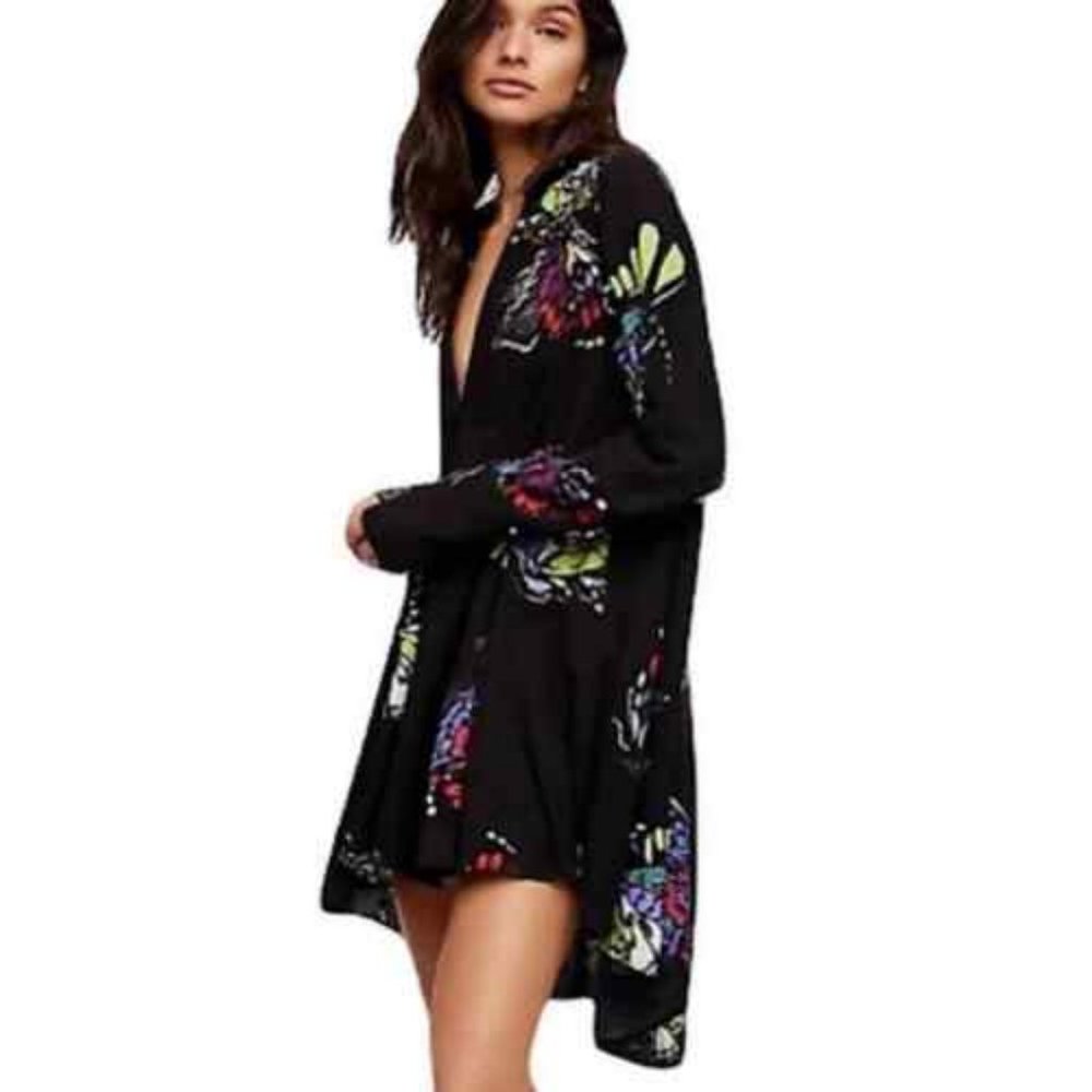 Free People Field Of Butterflies Blouse Tunic Multicolor Black Combo Small
